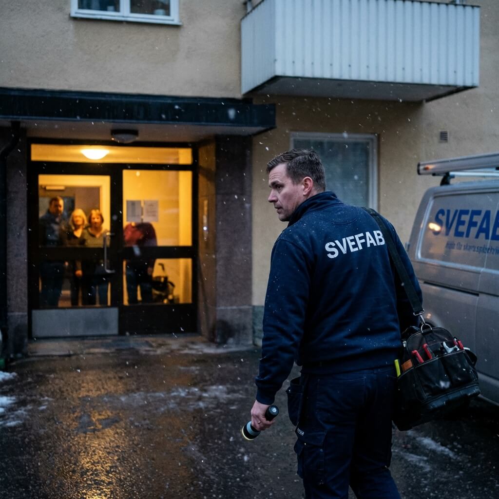 SVEFAB-jourtekniker i marinblå arbetsjacka anländer med verktygsväska till Stockholms bostadshus vid strömavbrott en kvällstid