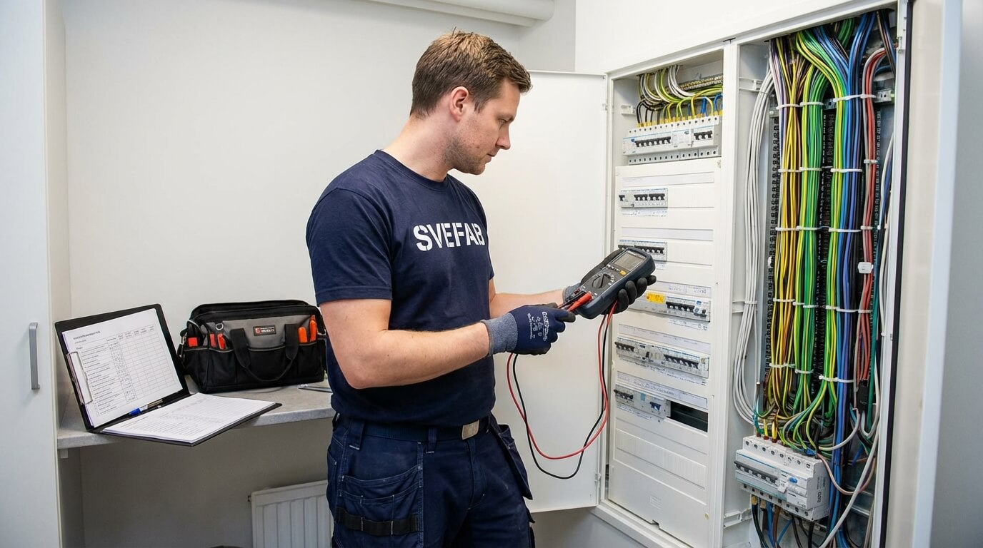 SVEFAB-elektriker i marinblå arbetskläder kontrollerar elcentral med multimeter i Stockholms flerfamiljshus