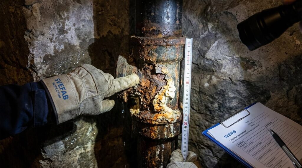 Närbild av korroderad gjutjärnsstam med mineralavlagringar i källare där SVEFAB-besiktningsman pekar på slitage med mätband vid sidan