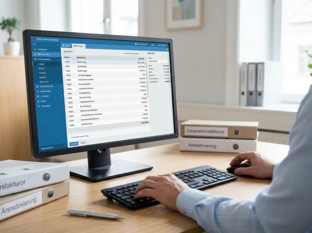 Ekonomisk förvaltare arbetar med bokföring i förvaltningssystem med leverantörsfakturor och årsredovisning på skrivbordet