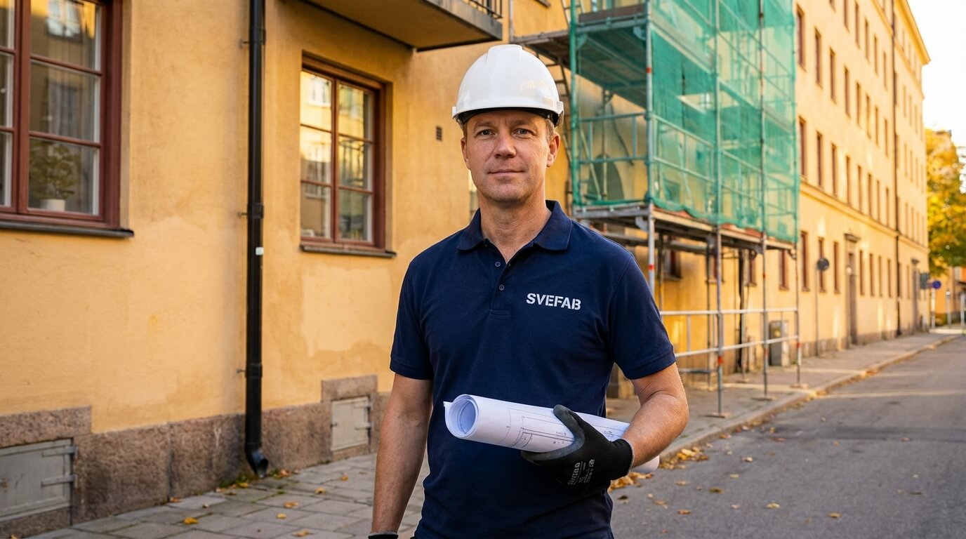 SVEFAB-projektledare i marinblå pikétröja och hjälm framför Stockholmsfastighet med byggnadsställning och ritningsrullar i handen