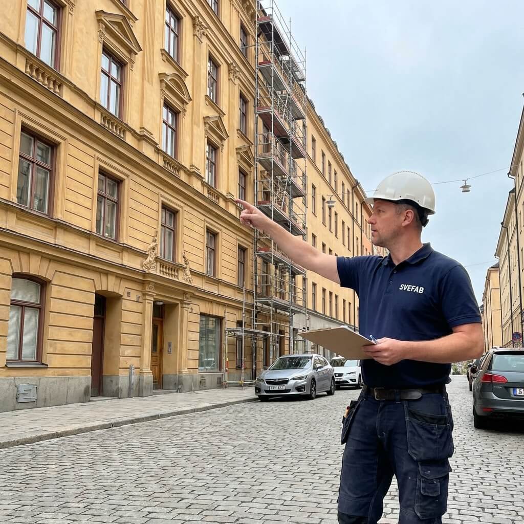 SVEFAB-projektledare i marinblå pikétröja och hjälm planerar renoveringsprojekt utanför sekelskiftesfastighet på Södermalm i Stockholm