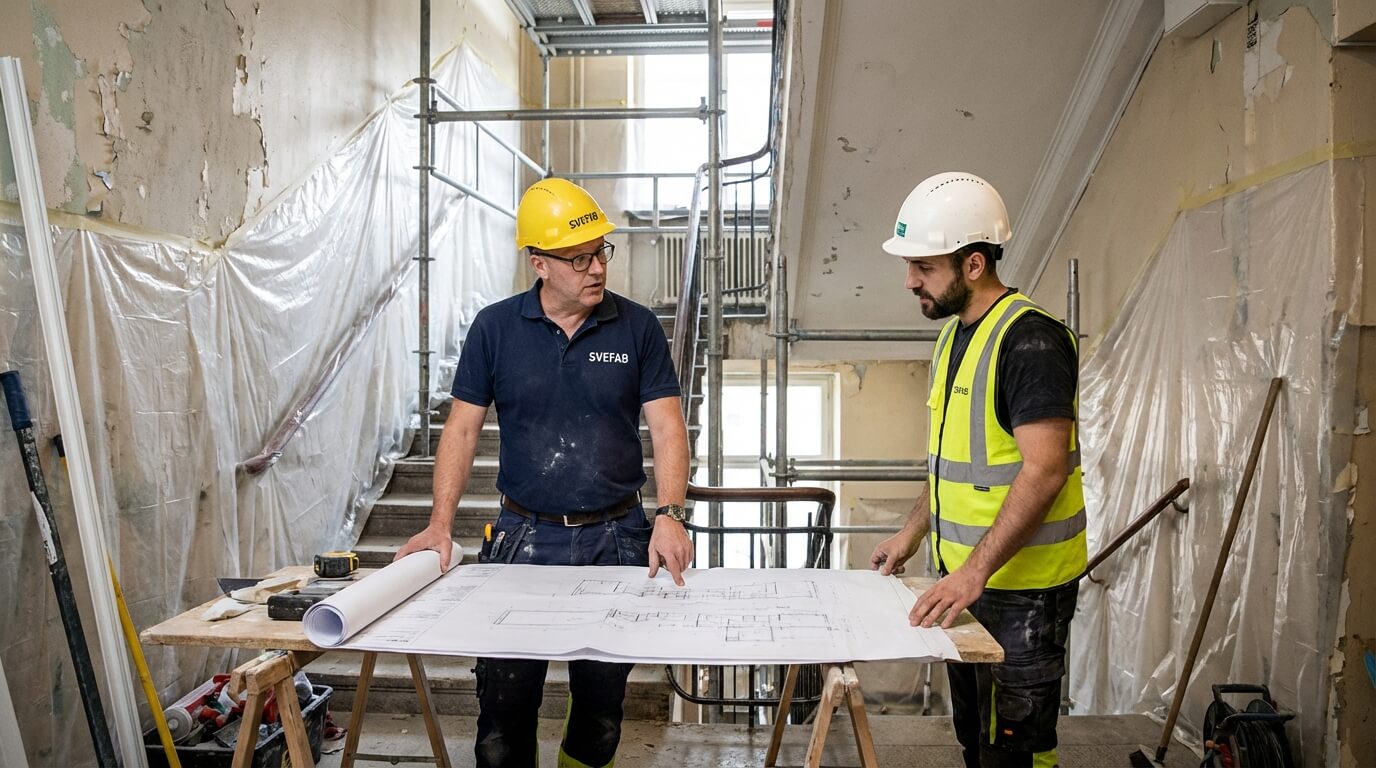SVEFAB-projektledare i marinblå pikétröja och hjälm granskar ritningar med entreprenör vid renoveringsprojekt i trapphus i Stockholm