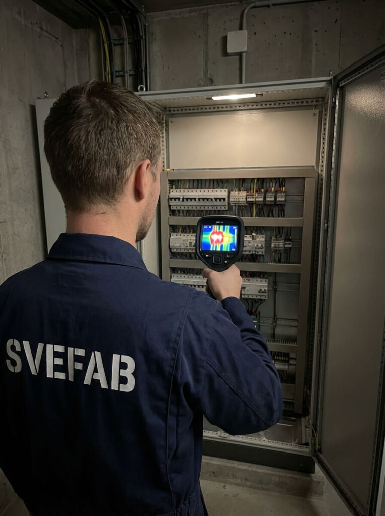 Termografering av elcentral i fastighet för att identifiera överhettning – förebyggande elunderhåll av SVEFAB