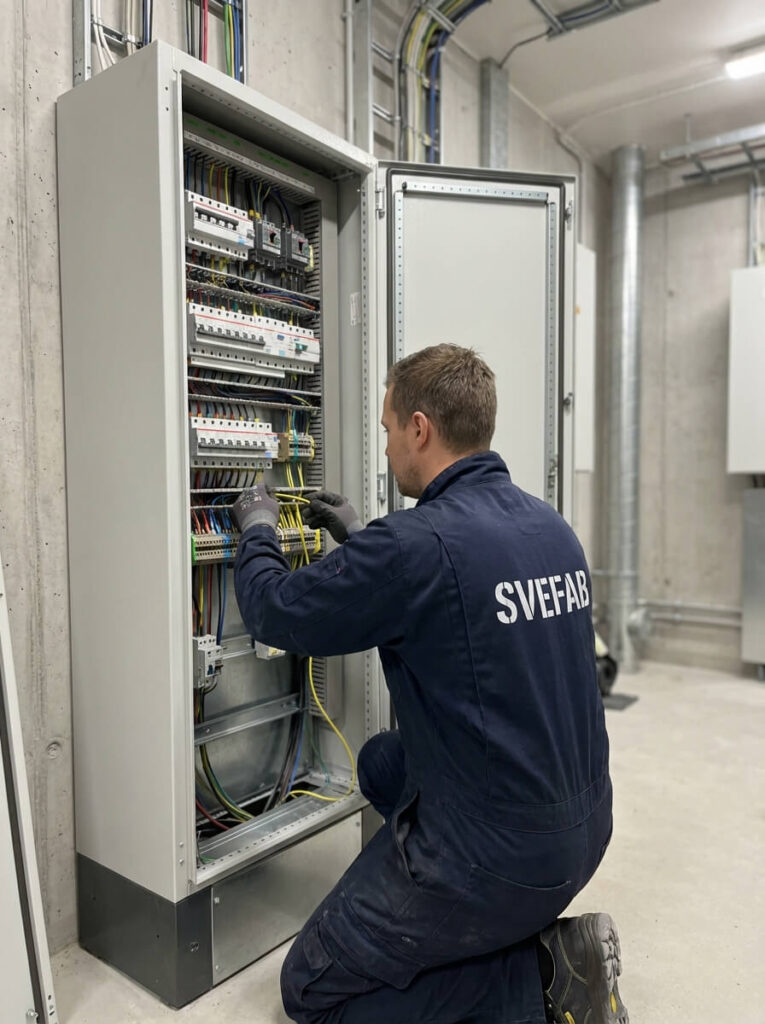 Certifierad elektriker från SVEFAB utför elinstallation i fastighet i Stockholm