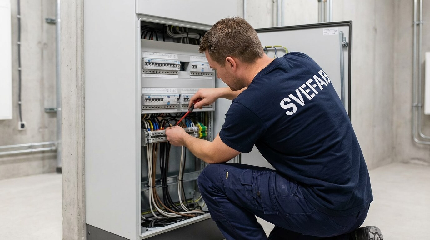 Certifierad elektriker från SVEFAB utför elinstallation i fastighet i Stockholm