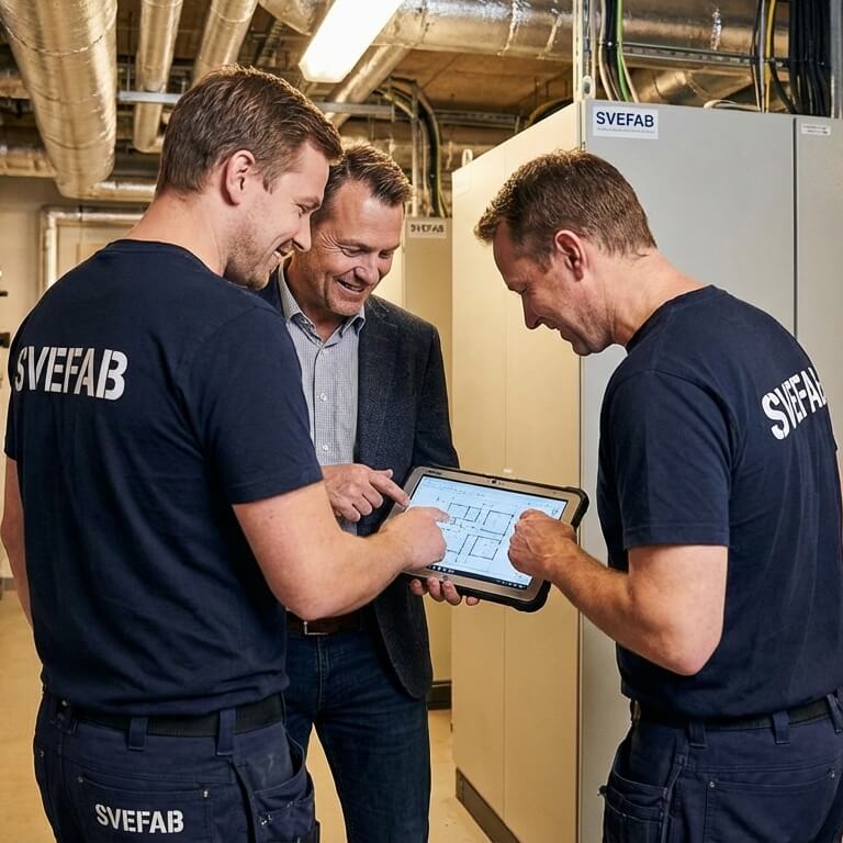 SVEFABs elektriker i samråd med teknisk förvaltare om elåtgärder i Stockholmsfastighet