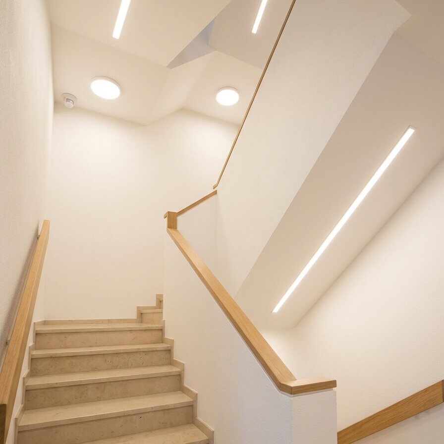 Energieffektiv LED-belysning med närvarostyrning installerad i trapphus i Stockholm