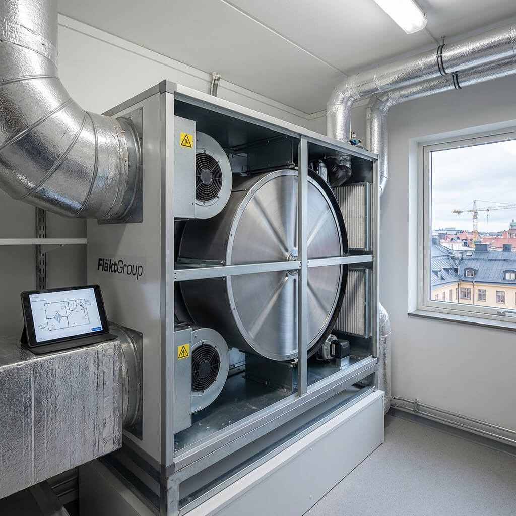 Modernt FTX-aggregat med öppen servicelucka och synligt roterande värmeväxlarhjul i fläktrum vid Stockholms flerfamiljshus
