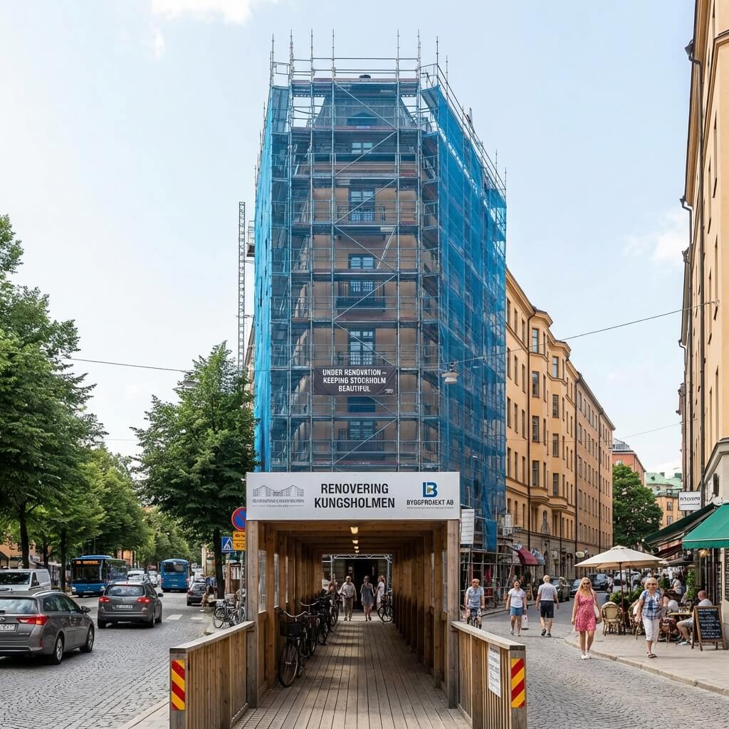 Flerfamiljshus på Kungsholmen i Stockholm helt inbyggt i ställning och skyddsnät vid fasadrenovering med gångtunnel för fotgängare 8. Boendeinformation på anslagstavla Prompt: Close-up of professional renovation information notice pinned to apartment building bulletin board in Stockholm stairwell. Clear Swedish text with project timeline, contact details and phase descriptions, SVEFAB logo visible on document header, well-organized resident communication, transparent project management approach. Titel: Boendeinformation om renoveringsprojekt – SVEFAB kommunikation Alt-text: Informationsblad om pågående renovering med tidplan och kontaktuppgifter uppsatt på anslagstavla i Stockholms trapphus med SVEFAB-logotyp 9. Kvalitetskontroll – Kakelsättning Prompt: SVEFAB project manager in navy blue work jacket with white "SVEFAB" text on back and hard hat, checking newly tiled bathroom wall with spirit level during renovation inspection in Stockholm apartment. Fresh white tiles, precise grout lines, quality assurance focus, hands-on project supervision, detail-oriented craftsmanship verification. Titel: Kvalitetskontroll vid badrumsrenovering – SVEFAB projektledning Alt-text: SVEFAB-projektledare i marinblå jacka och hjälm kontrollerar nykaklad badrumsvägg med vattenpass vid renovering i Stockholms lägenhet 10. Innergård – Färdigt resultat Vasastan Prompt: Beautifully renovated courtyard in Vasastan Stockholm apartment building, new natural stone paving in herringbone pattern, fresh green plantings in raised beds, modern LED bollard lighting along paths, restored wrought iron fence, classic yellow plastered facades surrounding the yard, inviting communal outdoor space, golden hour evening light. Titel: Nyrenoverad innergård i Vasastan – färdigt SVEFAB-projekt Stockholm Alt-text: Nyrenoverad innergård i Vasastan med naturstensbeläggning, upphöjda planteringar, LED-pollare och gula putsfasader i kvällsljus 11. Slutbesiktning med SBR-besiktningsman Prompt: SVEFAB project manager in navy blue polo with white "SVEFAB" logo and SBR-affiliated building inspector in dark blazer, conducting final inspection in newly renovated Stockholm apartment building corridor. Inspector examining door frame finish with notepad, fresh white walls, new baseboard and flooring, professional handover quality assurance, daylight from stairwell window. Titel: Slutbesiktning med SBR-besiktningsman – SVEFAB Stockholm Alt-text: SVEFAB-projektledare och SBR-besiktningsman granskar dörrfoder vid slutbesiktning i nyrenoverad korridor i Stockholms flerfamiljshus 12. Laddstolpar i garageprojekt Prompt: Newly completed EV charging installation in underground garage of Stockholm apartment building, row of wall-mounted charging stations with glowing green indicators, fresh cable conduit and distribution board visible on wall, marked parking bays, modern infrastructure upgrade, clean professional electrical installation. Titel: Laddinfrastruktur i bostadsgarage – SVEFAB elprojekt Stockholm Alt-text: Nyinstallerade laddstolpar för elbilar med gröna indikatorer i underjordiskt garage vid Stockholms bostadsfastighet med ny kabelstege och gruppcentral 13. Takarbete med Stockholmsvy Prompt: SVEFAB worker in navy blue coveralls with white "SVEFAB" text on back and safety harness, replacing roof tiles on Stockholm apartment building. Panoramic view of Stockholm rooftops with church spires and Djurgården treeline in background, professional roofing work at height, blue sky with scattered clouds, iconic Stockholm skyline backdrop. Titel: Takprojekt med utsikt över Stockholms tak – SVEFAB entreprenad Alt-text: SVEFAB-arbetare i marinblå overall och säkerhetssele byter takpannor på Stockholmsfastighet med utsikt över stadens taklandskap och Djurgården 14. Tvättstuga – Före och efter Prompt: Split image of shared laundry room renovation in Stockholm apartment building. Left side showing dated 1970s laundry room with worn linoleum floor, old machines and fluorescent lighting. Right side showing same room completely renovated with new tile floor, modern commercial machines, LED lighting and digital booking screen. Dramatic transformation, SVEFAB project quality. Titel: Tvättstugerenovering före och efter – SVEFAB projekt Stockholm Alt-text: Före-och-efter-bild av tvättstuga i Stockholms flerfamiljshus med sliten 70-talsinredning till vänster och nyrenoverad modern tvättstuga till höger 15. Balkongrenovering – Östermalm Prompt: SVEFAB project manager in navy blue polo with white "SVEFAB" logo and hard hat, inspecting newly poured concrete on renovated balcony of elegant Östermalm apartment building in Stockholm. Original wrought iron railing preserved and repainted, waterproof membrane visible on balcony floor, classic bay window facade in background, heritage-conscious structural renovation. Titel: Balkongrenovering på Östermalm – SVEFAB projektledning Stockholm Alt-text: SVEFAB-projektledare inspekterar nystöpt balkongbetong på Östermalm-fastighet med bevarat smidesjärnsräcke och klassisk burspråksfasad 16. Dokumentation – Ritningar och protokoll (utan person) Prompt: Desk with organized project documentation including building blueprints unrolled, SBR inspection protocol, contractor agreement with signatures, project timeline gantt chart on laptop screen, hard hat and SVEFAB-branded folder beside documents. Professional project management overview, structured approach to Stockholm renovation projects. Titel: Projektdokumentation och besiktningsprotokoll – SVEFAB Alt-text: Skrivbord med ritningar, SBR-besiktningsprotokoll, entreprenadavtal och tidplan på laptop bredvid hjälm och SVEFAB-mapp 17. Dräneringsprojekt – Markarbete Prompt: Active drainage installation project alongside foundation of Stockholm apartment building, open trench revealing gravel bed and new drainage pipe, mini excavator working in tight courtyard space, SVEFAB workers in navy blue work clothes with white logos and high-visibility vests overseeing excavation. Urban foundation work, challenging tight-space logistics. Titel: Dräneringsprojekt vid Stockholmsfastighet – SVEFAB markentreprenad Alt-text: Dräneringsarbete med öppen schakt och minigrävare på trång innergård vid Stockholms flerfamiljshus med SVEFAB-personal i reflexvästar 18. Materialleverans i innerstaden Prompt: Delivery truck being unloaded on narrow Stockholm inner city street outside apartment building under renovation, SVEFAB project manager in navy blue polo with white logo coordinating delivery with driver, building materials being carried through arched gateway to courtyard, traffic cones marking work zone, typical Stockholm logistics challenge, morning light. Titel: Samordnad materialleverans i Stockholms innerstad – SVEFAB Alt-text: SVEFAB-projektledare samordnar materialleverans på smal innerstadsgata i Stockholm med lastbil och materialtransport genom portvalv till innergård 19. ROT-renovering i lägenhet Prompt: SVEFAB project manager in navy blue polo with white "SVEFAB" stencil text on chest, reviewing renovation progress in Stockholm apartment kitchen with homeowner. New cabinets partially installed, electrical outlets repositioned, fresh plaster on walls, collaborative home renovation atmosphere, residential ROT project in progress. Titel: ROT-renovering av kök i Stockholms lägenhet – SVEFAB projektledning Alt-text: SVEFAB-projektledare diskuterar renoveringsframsteg i Stockholms lägenhetskök med bostadsinnehavare vid delvis monterade nya köksskåp 20. Färdigt trapphus – Resultatet Prompt: Completed stairwell renovation in Stockholm apartment building, pristine white walls, beautifully restored original stone steps, modern LED wall sconces casting warm light, new painted wooden handrail on restored wrought iron railing, fresh mailboxes at ground level, building entrance door with new glass panel, inviting and welcoming residential entrance, the finished product of professional project management. Titel: Färdigrenoverat trapphus i Stockholms flerfamiljshus – SVEFAB resultat Alt-text: Färdigrenoverat trapphus i Stockholm med vita väggar, restaurerade stensteg, LED-vägglampor, nytt handledare på smidesjärnsräcke och nya postlådor Det ger dig 20 bildprompts med titlar och alt-texter – alla med Stockholm-förankring. Vill du ha fler eller går vi vidare?