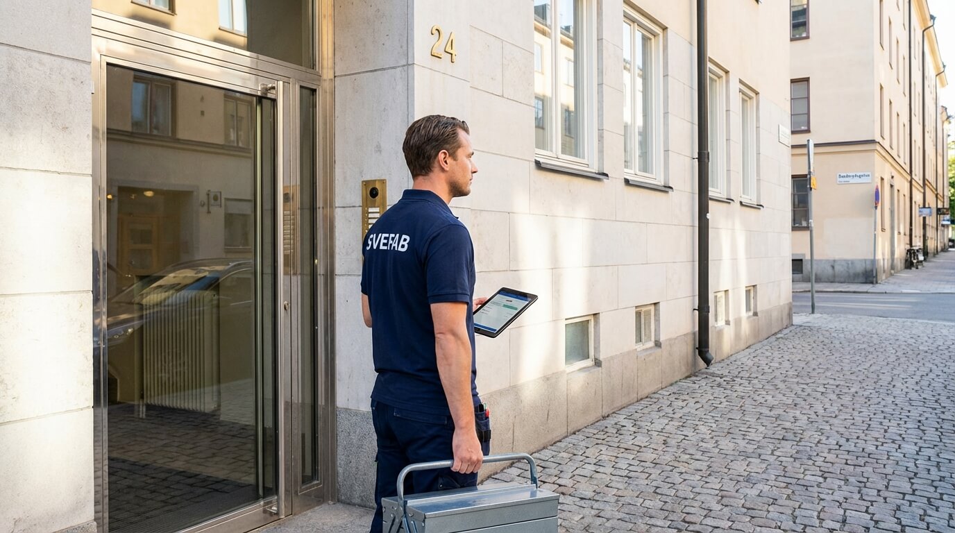 SVEFAB-tekniker i marinblå pikétröja med verktygslåda och surfplatta vid entré till välskött Stockholms flerfamiljshus i morgonljus
