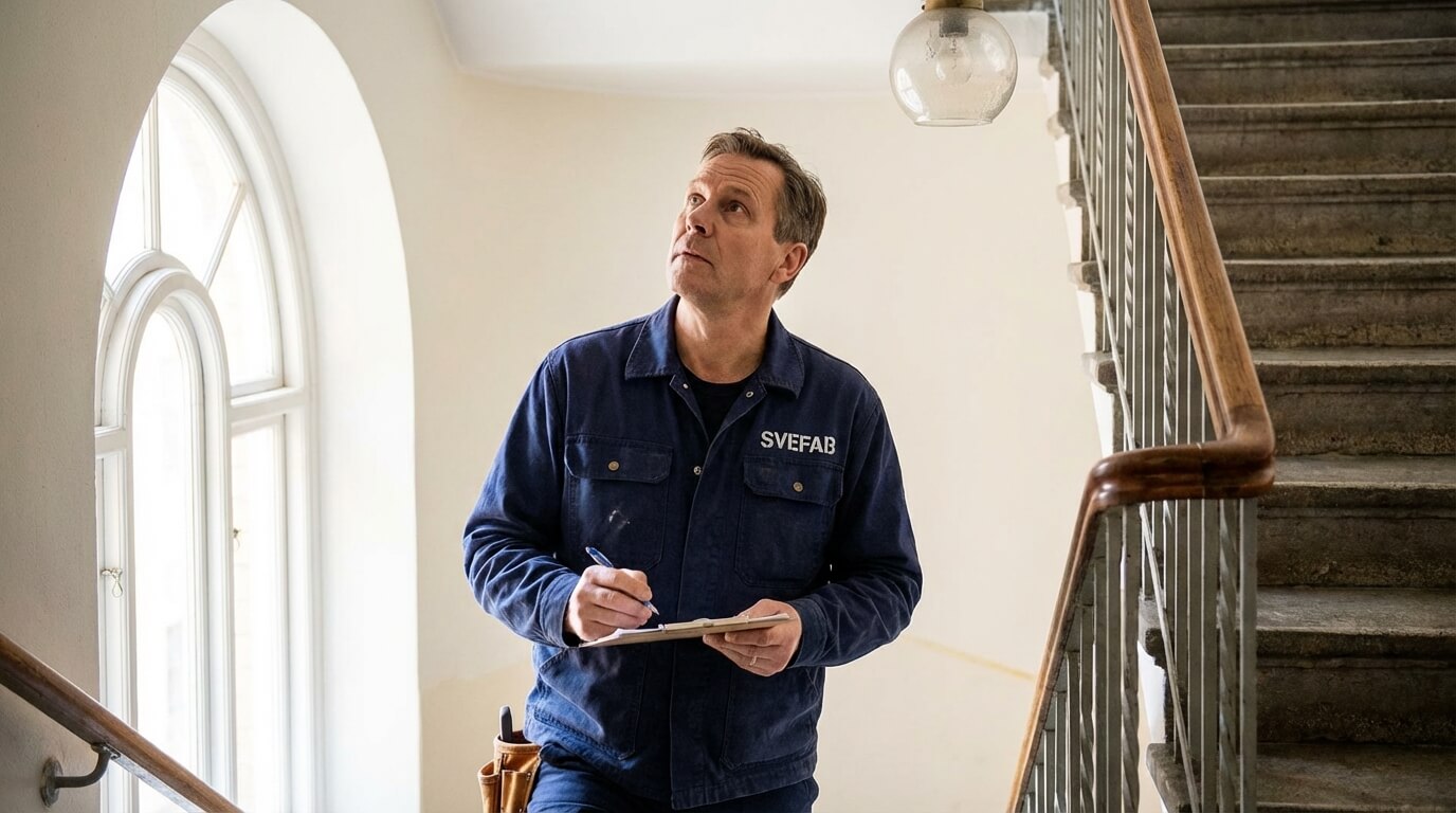 SVEFAB-ekonom i marinblå pikétröja presenterar årsbudget med underhållsplan för styrelsemedlemmar i konferensrum med Stockholmsutsikt