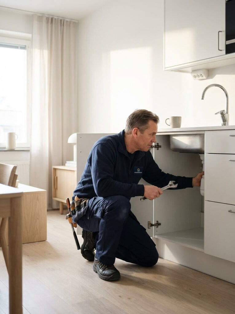 Fastighetsskötare åtgärdar rörproblem under diskbänk i lägenhet i Stockholm