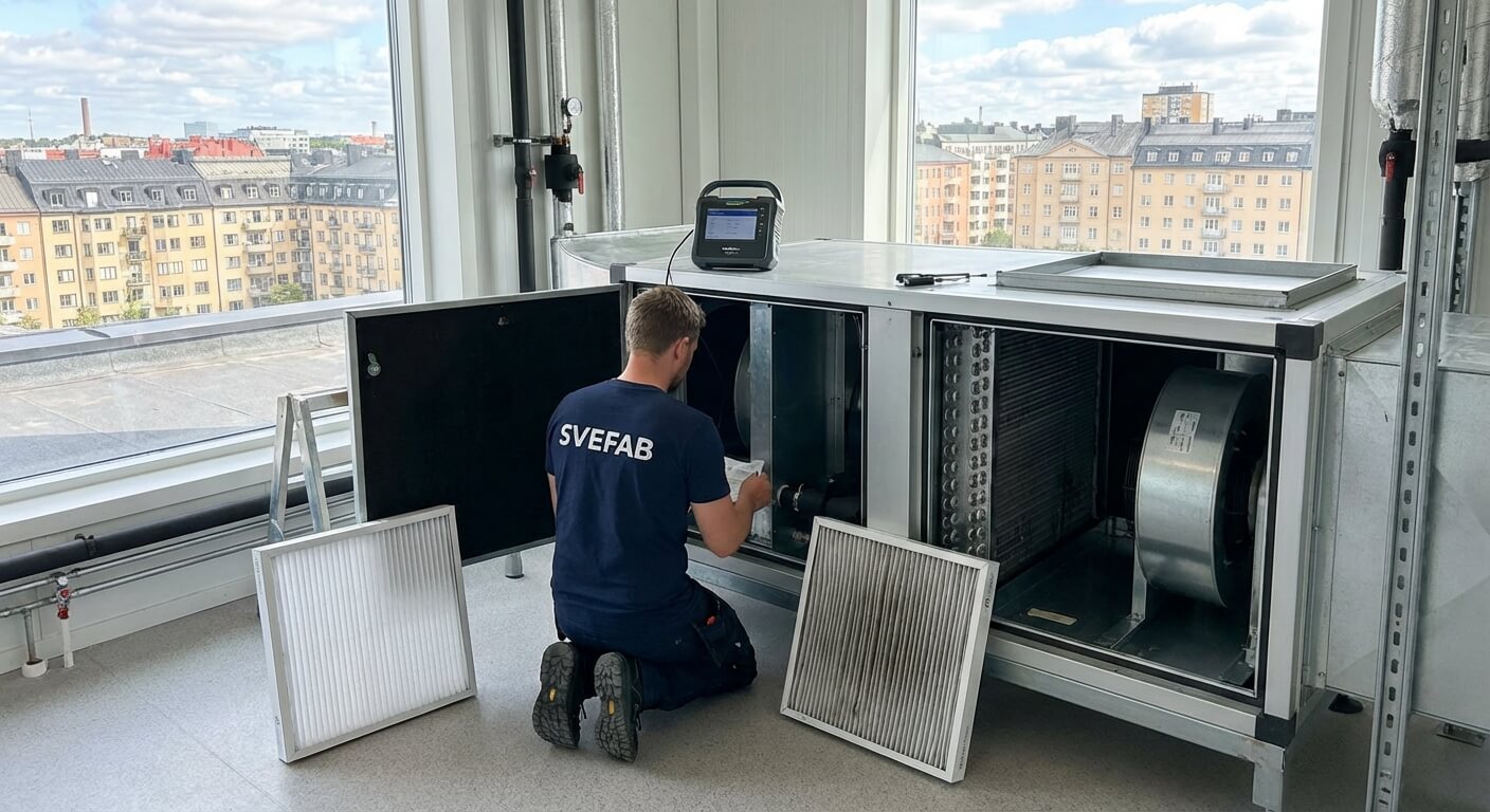 SVEFAB-tekniker i marinblå arbetströja utför filterbyte i ventilationsaggregat i fläktrum med Stockholms stadssilhuett i bakgrunden
