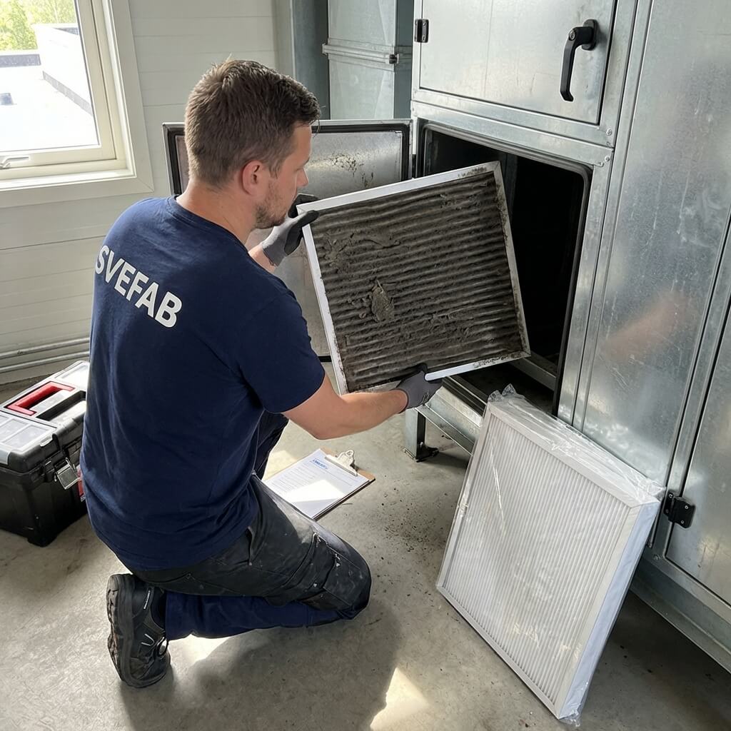 SVEFAB-tekniker i marinblå arbetströja byter smutsigt filter i ventilationsaggregat mot nytt rent filter i fläktrum i Stockholm