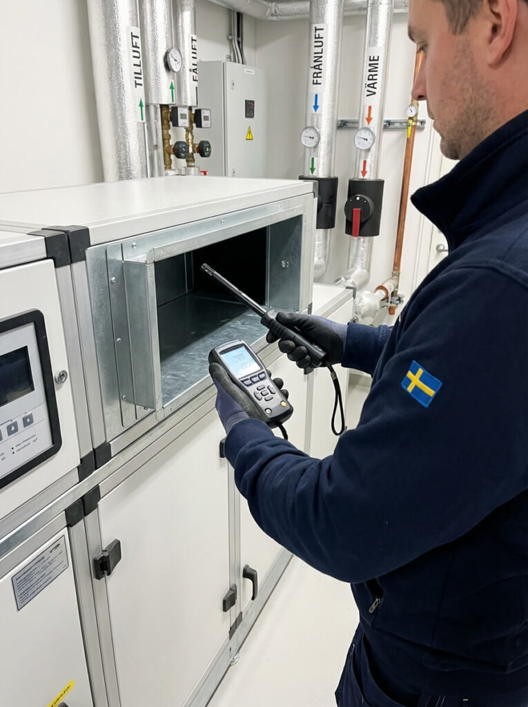 Fastighetsskötare kontrollerar ventilationsaggregat med mätinstrument i fläktrum