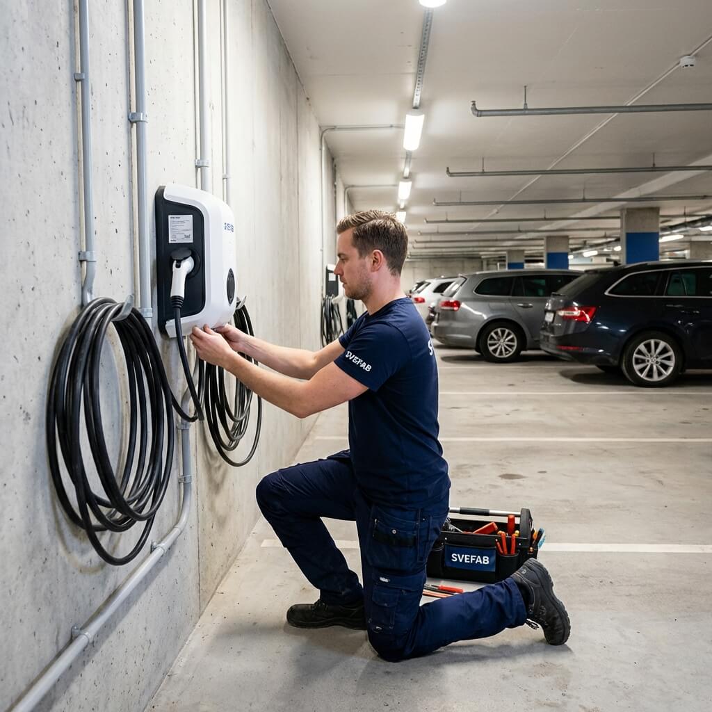 SVEFAB-elektriker i marinblå arbetskläder installerar laddstolpe för elbil i garaget vid Stockholms bostadsfastighet