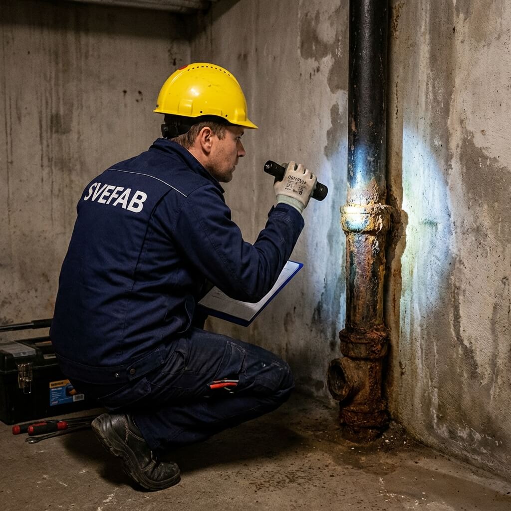 SVEFAB-projektledare i marinblå arbetsjacka lyser med ficklampa på gamla gjutjärnsrör i källare vid Stockholms flerfamiljshus inför stambyte