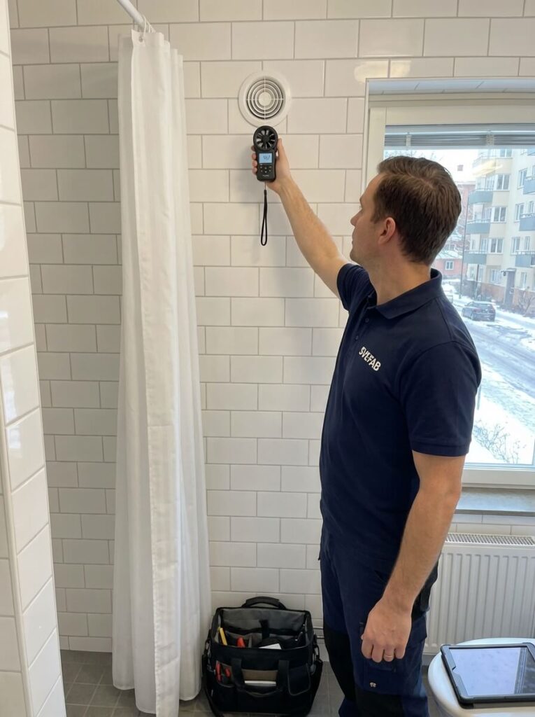 SVEFAB-besiktningsman mäter luftflöde vid frånluftsdon i badrum med handhållen anemometer vid OVK-besiktning i Stockholms lägenhet