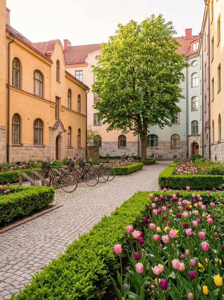 En vacker innegård i Stockholms stad, efter en välskött teknisk förvaltning.