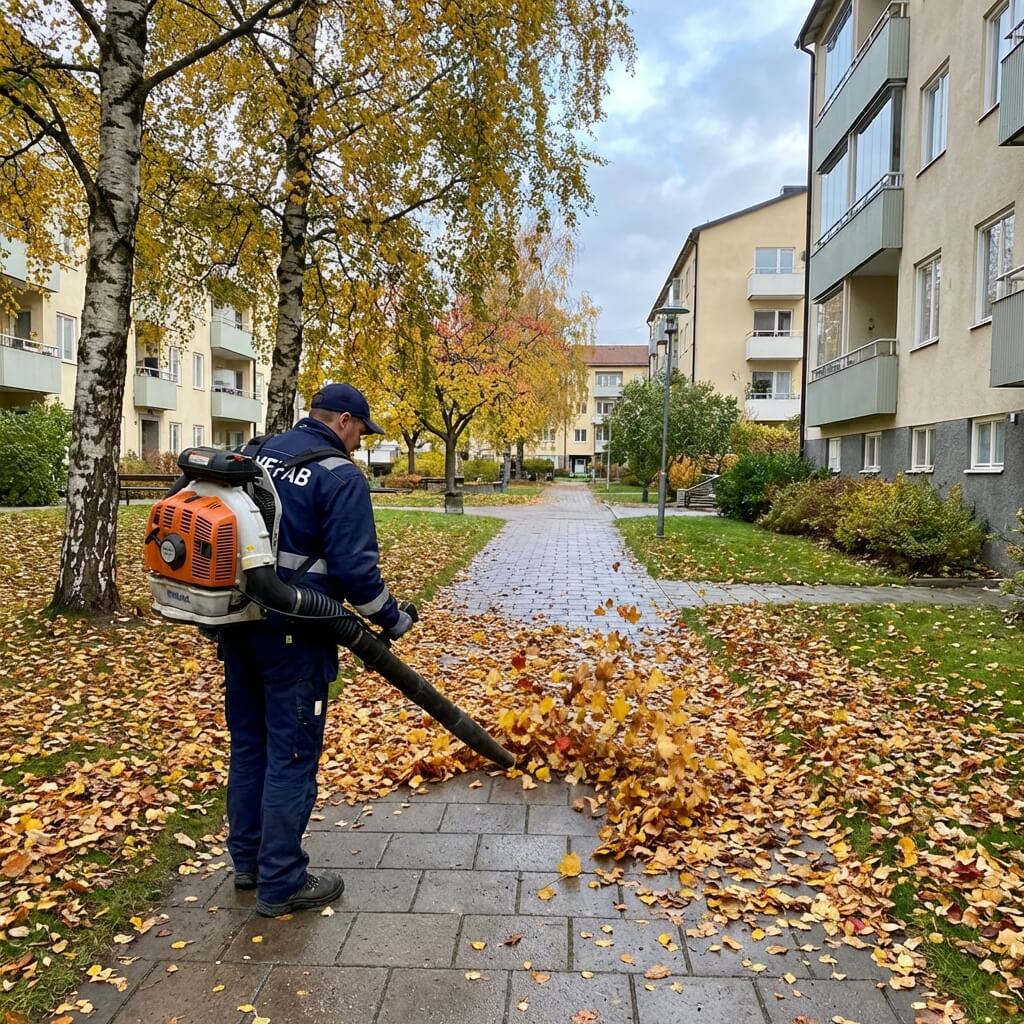 SVEFAB-medarbetare i marinblå arbetsjacka blåser höstlöv från gångväg med lövblåsare på innergård i Stockholm med höstfärgade träd