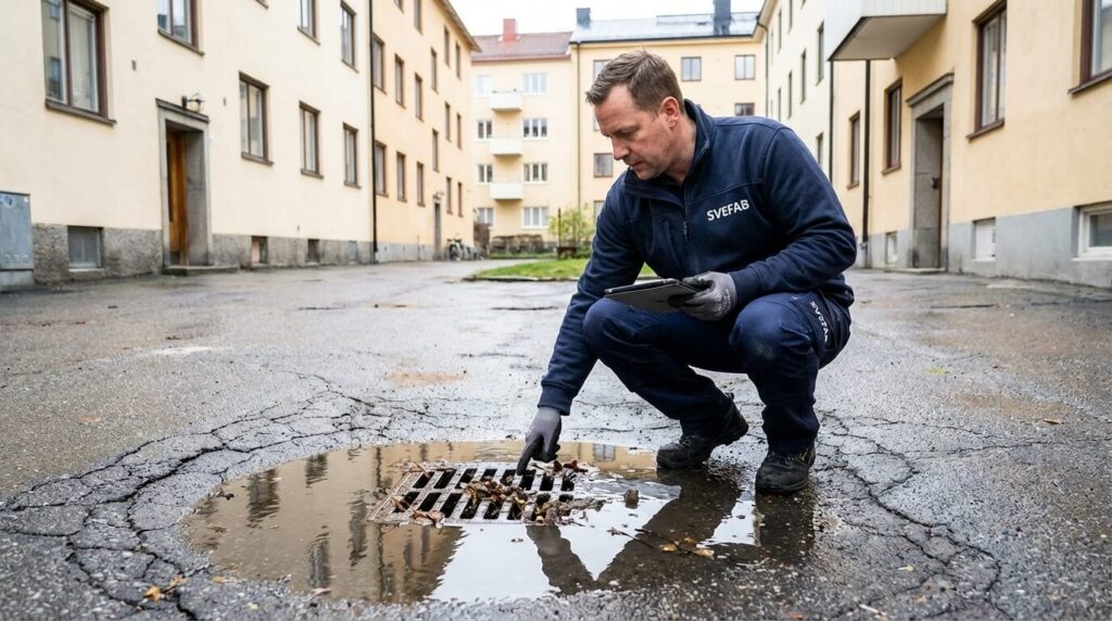 SVEFAB-markskötare i marinblå arbetskläder undersöker blockat dagvattenbrunnlock och vattenansamling på asfalterad gård vid Stockholmsfastighet