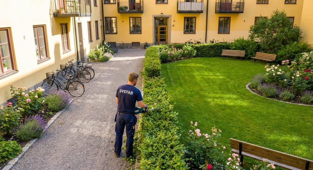 SVEFAB-medarbetare i marinblå arbetskläder trimmar häck på välskött innergård vid Stockholms flerfamiljshus med gräsmatta och blomsterrabatter