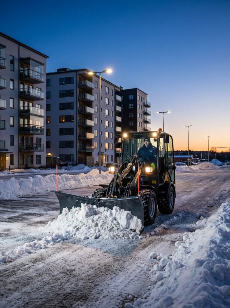 SVEFAB-operatör manövrerar hjullastare med snöplog på parkeringsyta vid Stockholms fastighet under vinterkvällen
