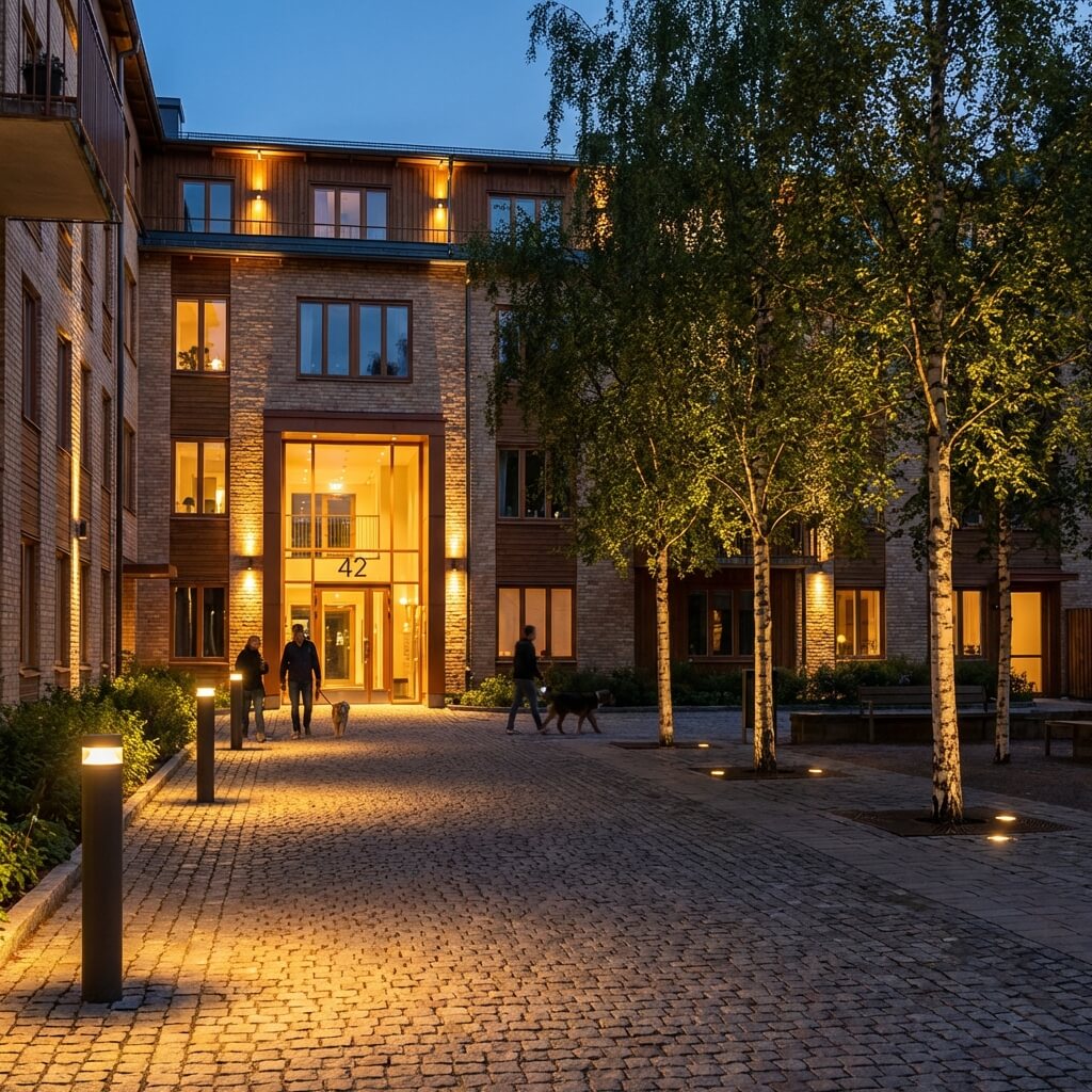 Upplyst innergård vid Stockholms flerfamiljshus i skymning med LED-belysning längs gångvägar och fasadbelysning vid entré