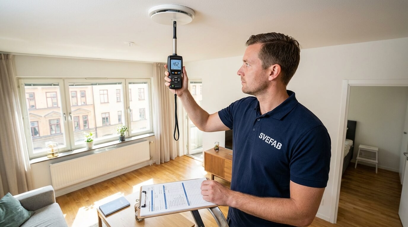 SVEFAB-besiktningsman i marinblå pikétröja mäter luftflöde vid ventilationsdon i tak med digitalt mätinstrument i Stockholms lägenhet