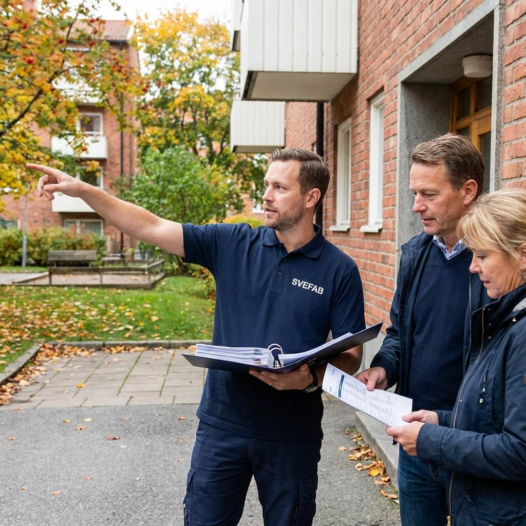 SVEFAB-projektledare i marinblå pikétröja diskuterar skötselplan med styrelsemedlemmar utanför Stockholms bostadshus