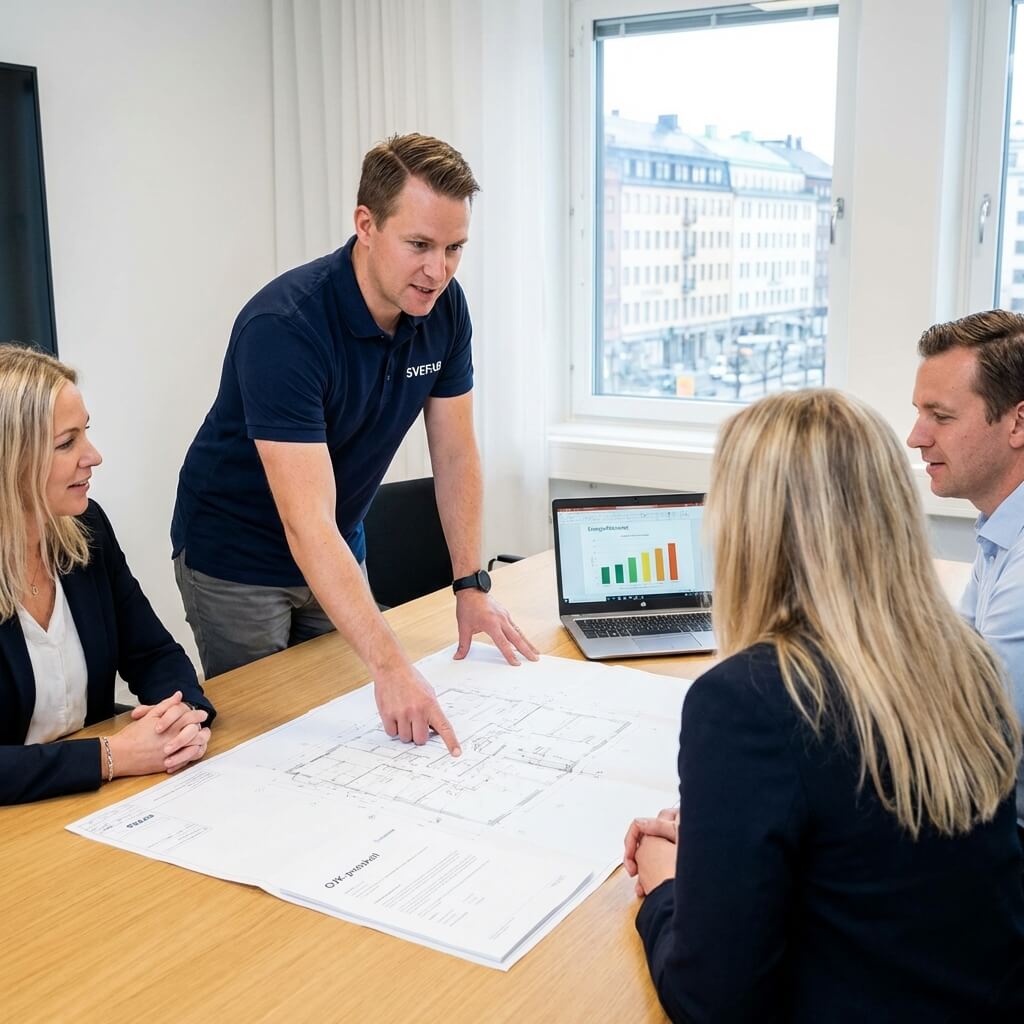 SVEFAB-projektledare i marinblå pikétröja diskuterar OVK-resultat och underhållsplan med styrelsemedlemmar vid mötebord med protokoll och ritningar