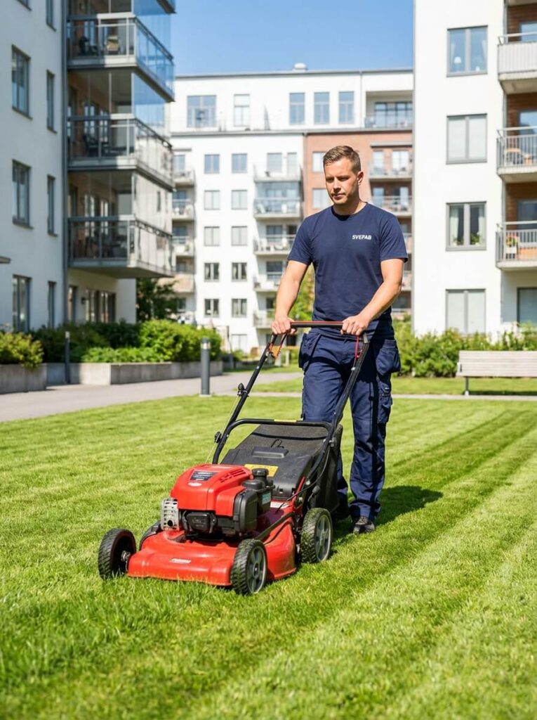 SVEFAB-personal i marinblå arbetströja klipper gräsmatta med professionell gräsklippare vid Stockholms bostadsfastighet en solig sommardag