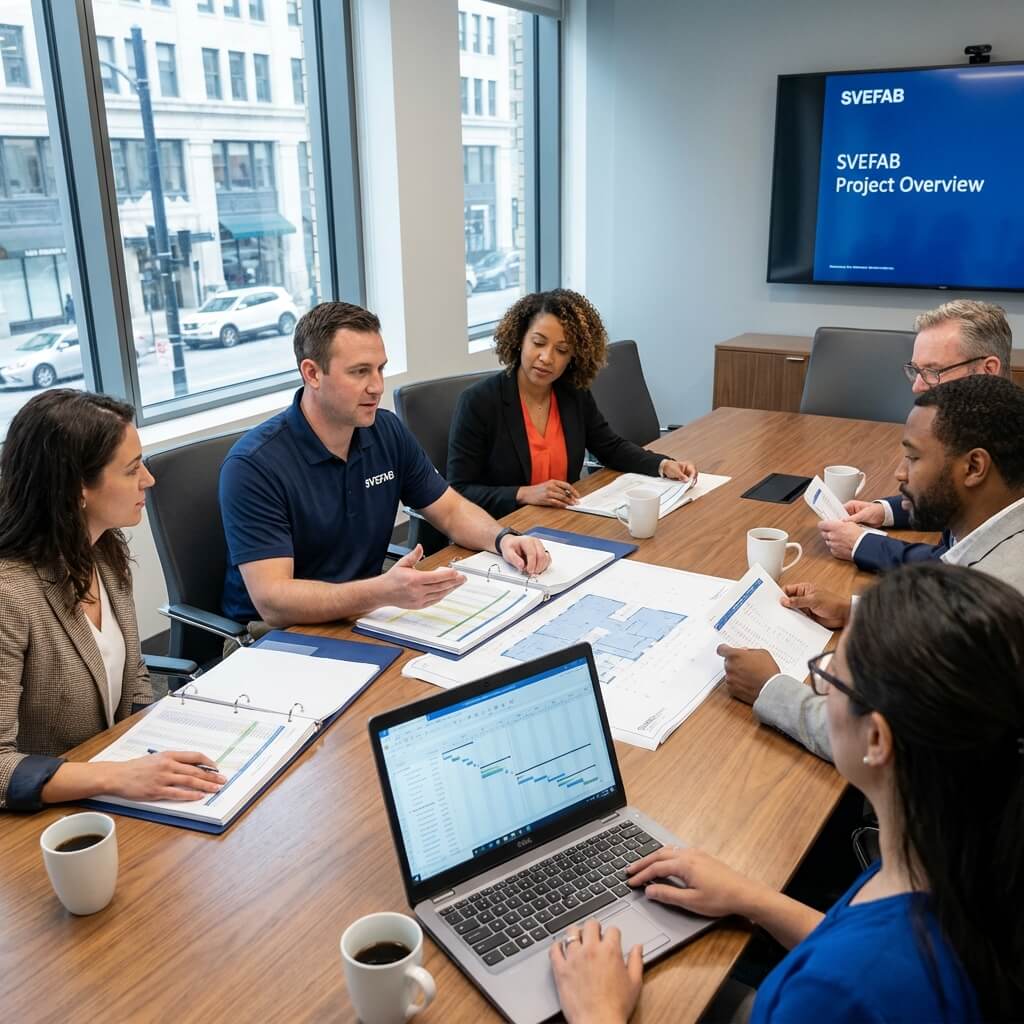 SVEFAB-projektledare diskuterar projektplan och budget med styrelsemedlemmar vid mötebord med dokument och laptop