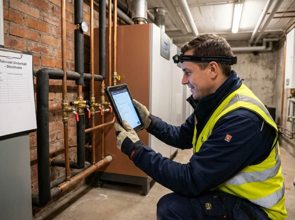 Modern värmecentral med nya pannor och kopparrör i fastighetens undercentral – driftteknik Stockholm. En fastighetstekniker från SVEFAB utför teknisk förvaltning åt en BRF i Stockholm.