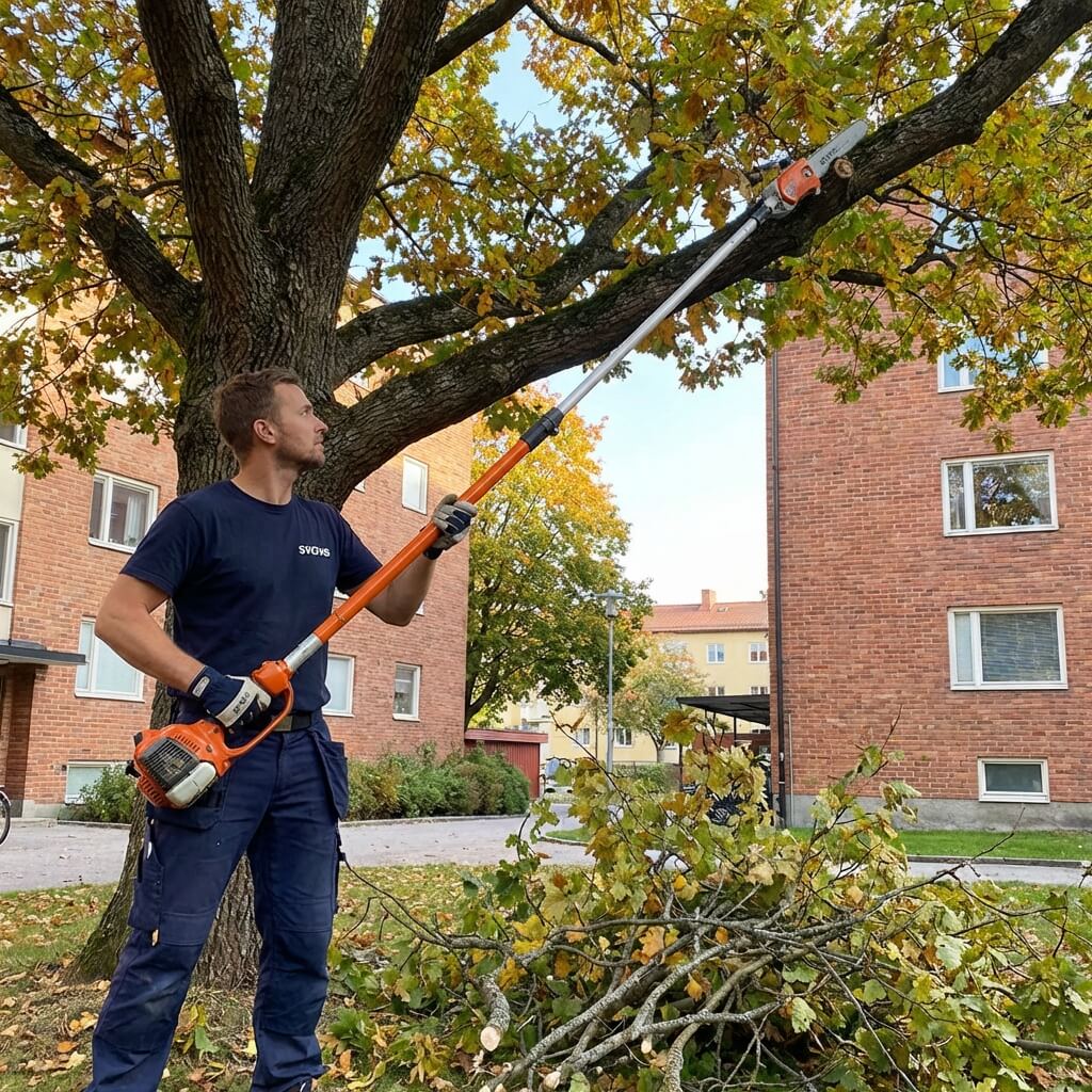 SVEFAB-arborist i marinblå arbetskläder beskär trädgrenar med professionell stångsåg på innergård vid Stockholms flerfamiljshus