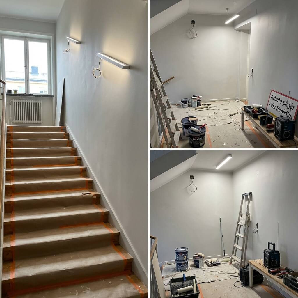 Trapphus i Stockholms flerfamiljshus under renovering med skyddsplast på trappa, nyputsade väggar och delvis monterad LED-belysning