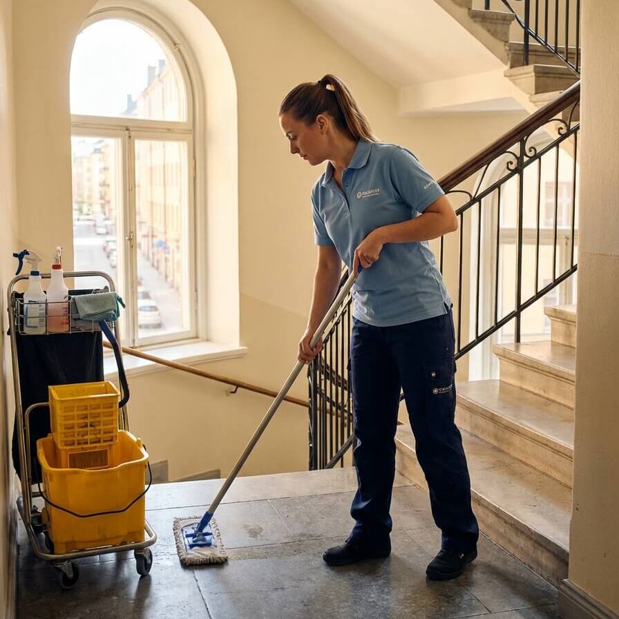 Lokalvårdare utför trapphusstädning i bostadsrättsförening i Stockholm