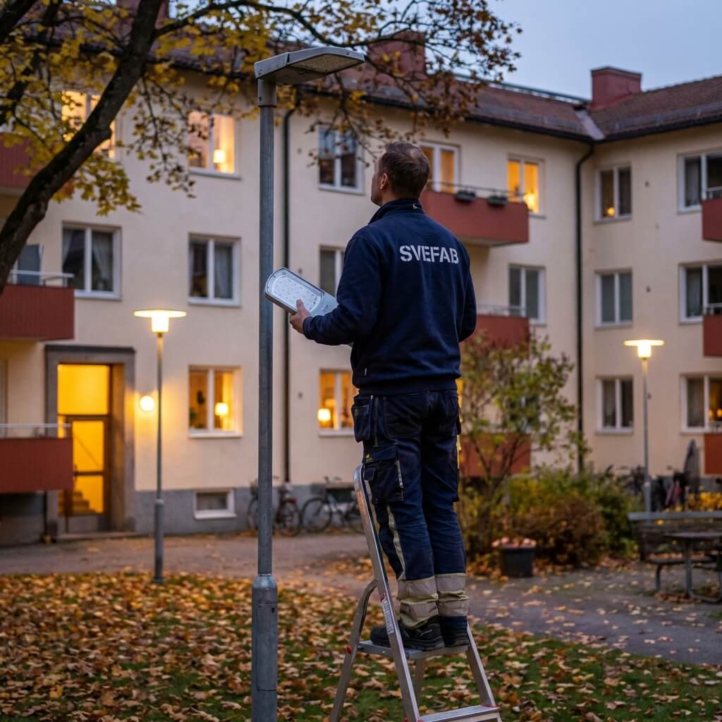 VEFAB-elektriker i marinblå arbetsjacka byter utomhusarmatur på lyktstolpe på innergård i Stockholm under höstkvällen