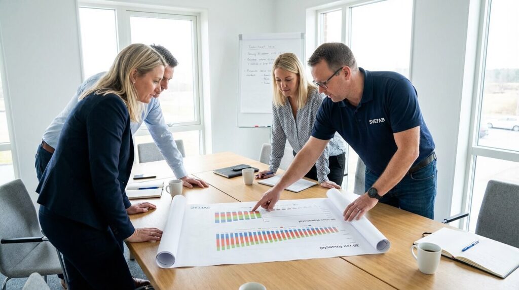 Styrelsemedlemmar och SVEFAB-förvaltare i marinblå pikétröja granskar underhållsplan med 30-årig kostnadsöversikt vid mötesbord