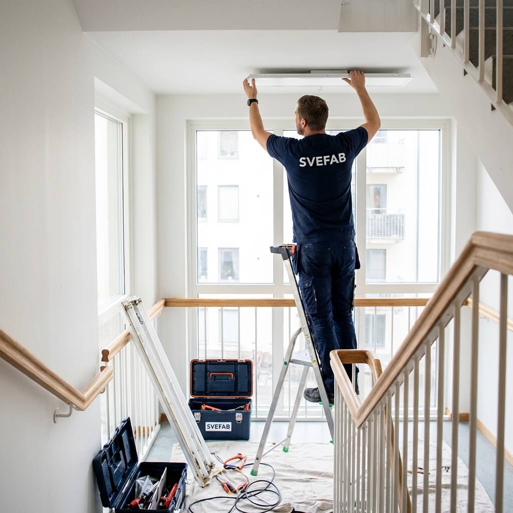 SVEFAB-elektriker i marinblå arbetströja monterar ny LED-armatur i trapphus i Stockholms flerfamiljshus från stege