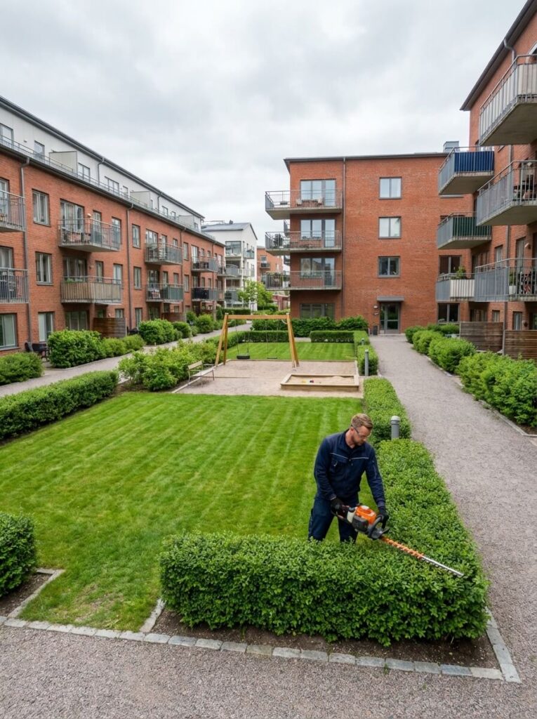 Fastighetsskötare klipper häck i innergård vid bostadsfastighet i Stockholm