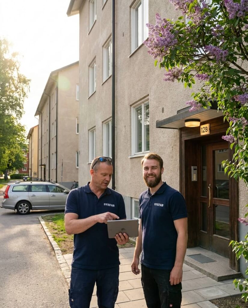 Två SVEFAB-medarbetare utanför flerbostadshus i Täby en solig sommardag