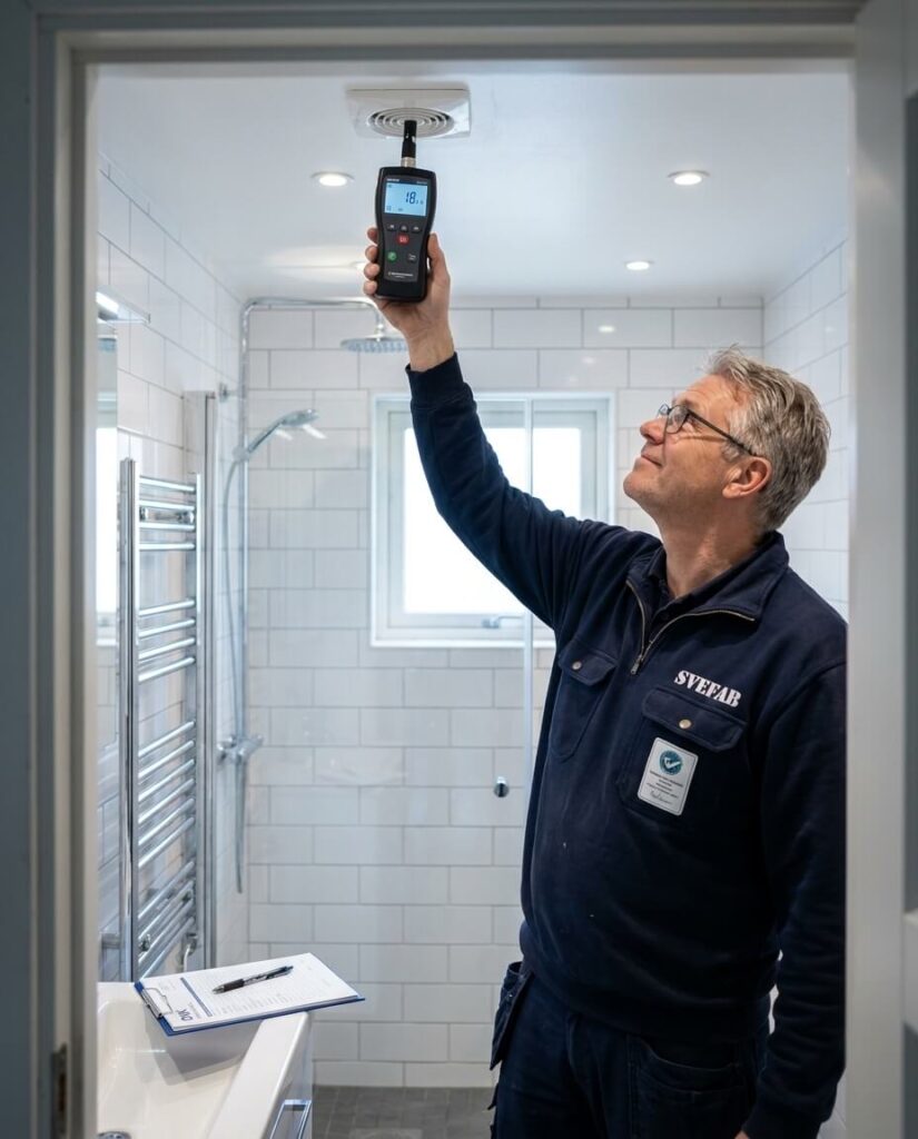 SVEFABs besiktningsman i marinblå kläder med vit logotyp utför OVK-mätning vid