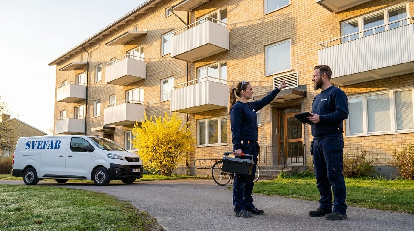 SVEFABs tekniker från deras avdelning för teknisk förvaltning planerar dagens rondering utanför flerbostadshus (BRF) i Stockholm