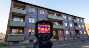 Termografikamera visar värmeläckage vid fönsterkarmar på tegelfasad i Stockholms flerbostadshus