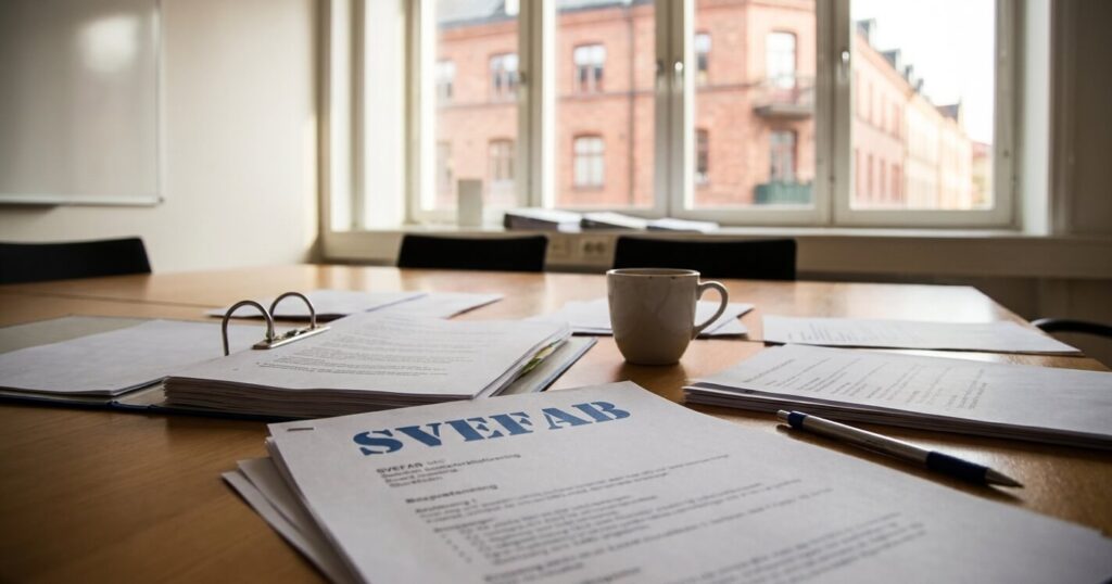 Förvaltningsdokument och offertunderlag från SVEFAB utspridda på konferensbord efter styrelsemöte