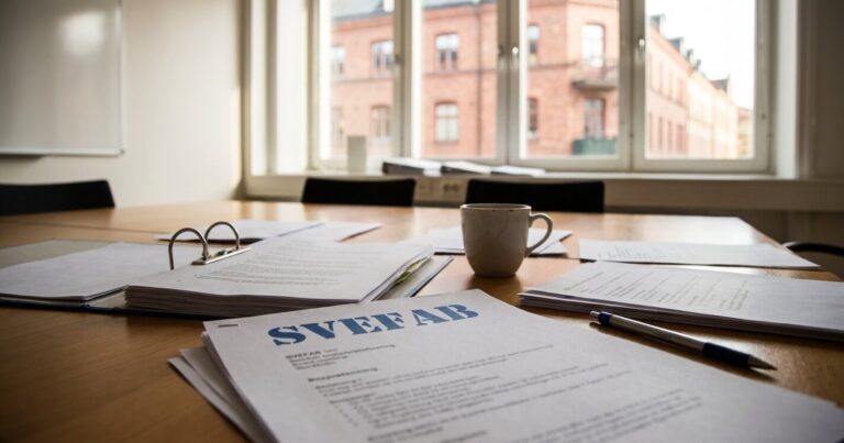 Förvaltningsdokument och offertunderlag från SVEFAB utspridda på konferensbord efter styrelsemöte