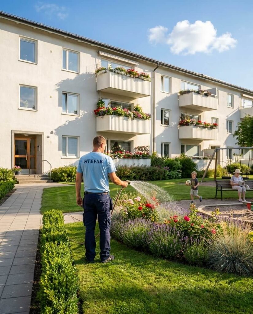 SVEFABs fastighetsskötare sköter utemiljön vid flerbostadshus i Täby en sommardag