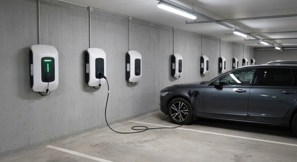 Moderna laddstolpar för elbil installerade i underjordiskt garage i Stockholms flerbostadshus